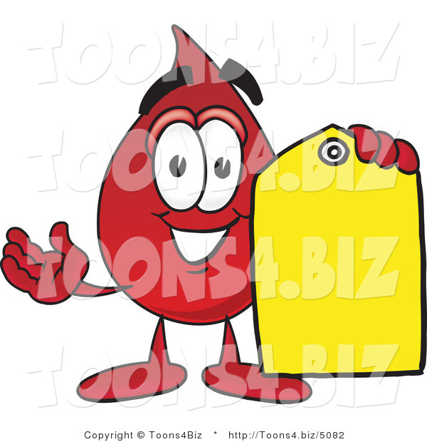 Vector Illustration of a Cartoon Blood Droplet Mascot Holding a Yellow Sales Price Tag