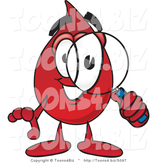 Vector Illustration of a Cartoon Blood Droplet Mascot Looking Through a Magnifying Glass