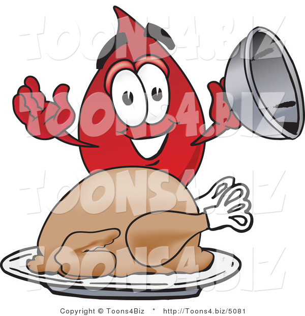 Vector Illustration of a Cartoon Blood Droplet Mascot Serving a Thanksgiving Turkey on a Platter