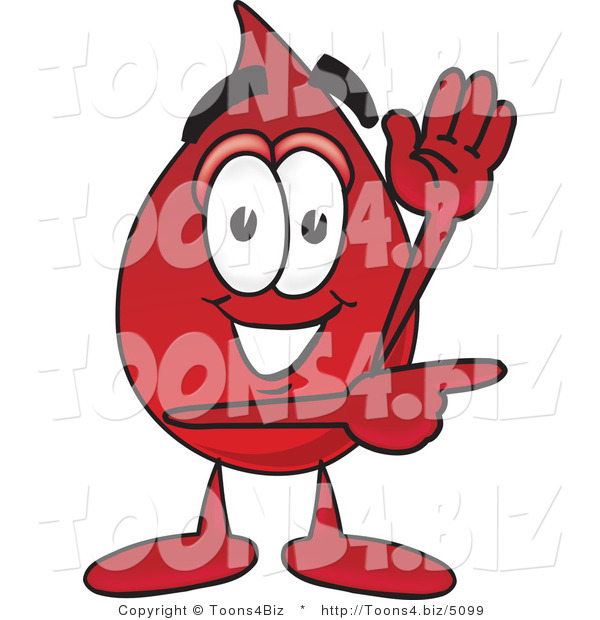 Vector Illustration of a Cartoon Blood Droplet Mascot Waving and Pointing