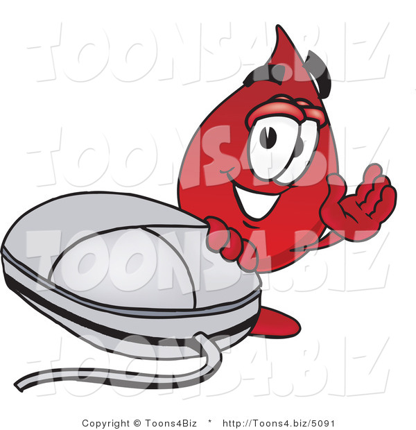 Vector Illustration of a Cartoon Blood Droplet Mascot with a Computer Mouse