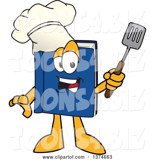 Vector Illustration of a Cartoon Blue Book Mascot Chef Wearing a Toque and Holding a Spatula