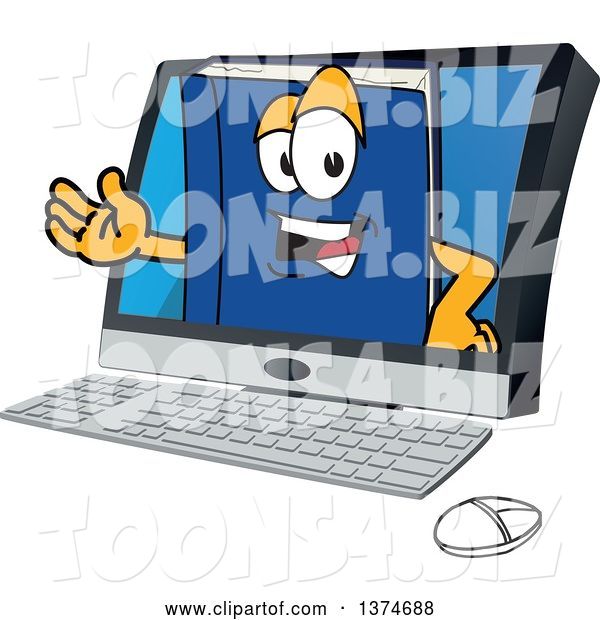Vector Illustration of a Cartoon Blue Book Mascot Emerging from a Desktop Computer Screen