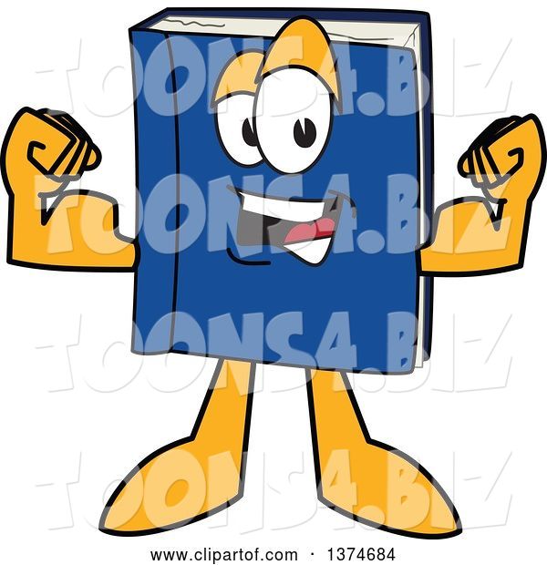 Vector Illustration of a Cartoon Blue Book Mascot Flexing His Muscles