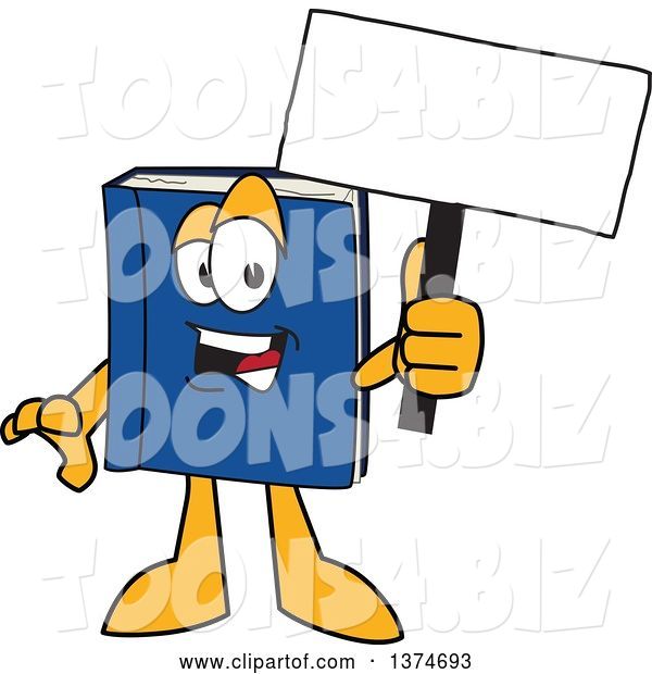 Vector Illustration of a Cartoon Blue Book Mascot Holding a Blank Sign