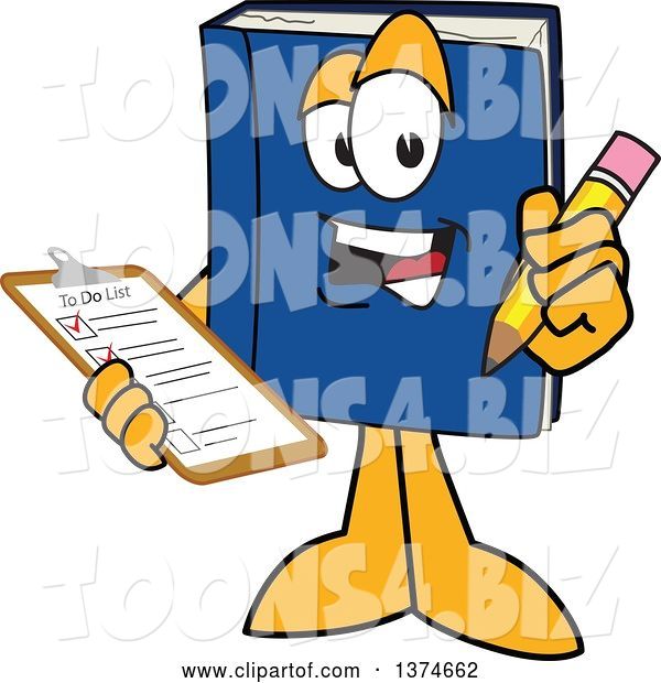 Vector Illustration of a Cartoon Blue Book Mascot Holding a Checklist on a Clip Board and a Pencil