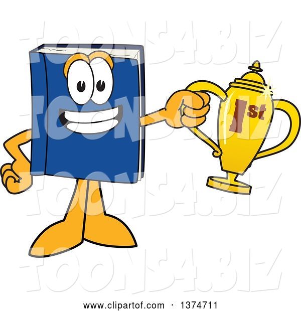 Vector Illustration of a Cartoon Blue Book Mascot Holding a First Place Trophy