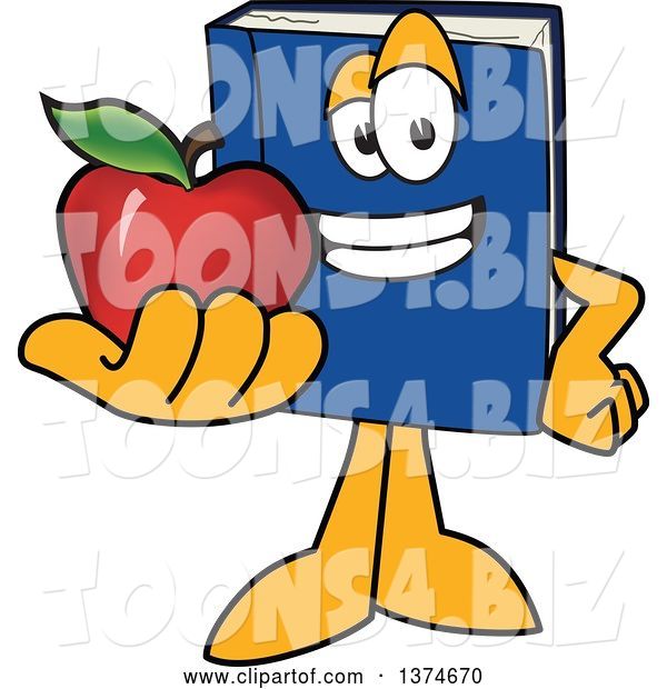 Vector Illustration of a Cartoon Blue Book Mascot Holding out an Apple