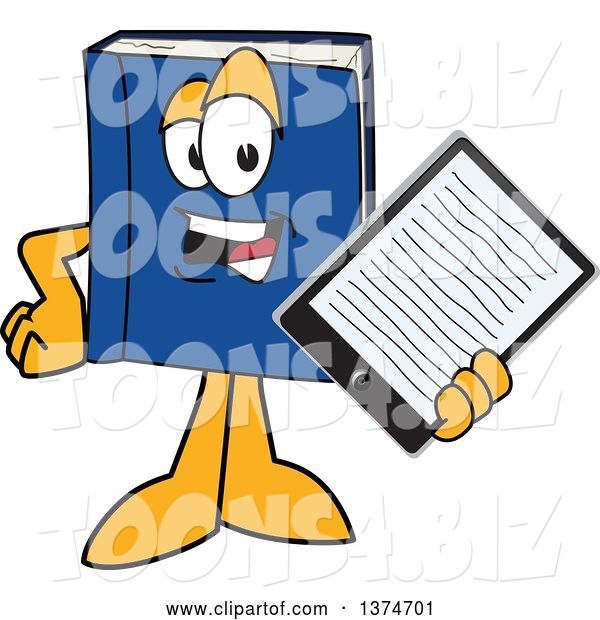 Vector Illustration of a Cartoon Blue Book Mascot Holding out an E Reader or Tablet Computer