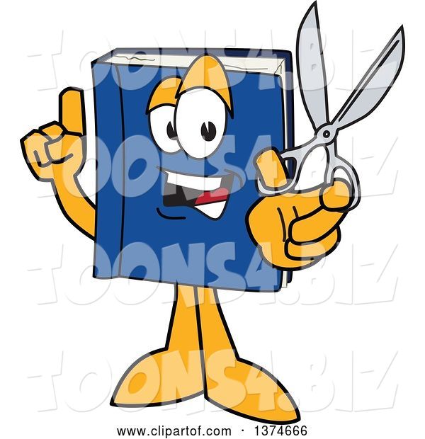 Vector Illustration of a Cartoon Blue Book Mascot Holding up a Finger and a Pair of Scissors