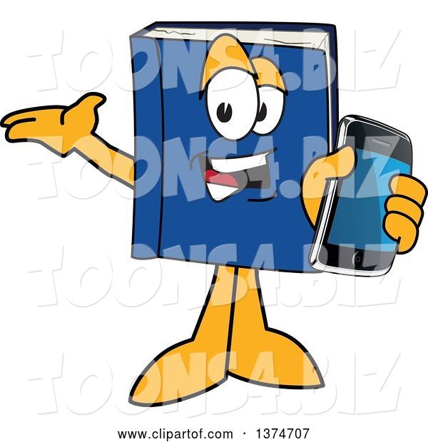 Vector Illustration of a Cartoon Blue Book Mascot Presenting and Holding out a Smart Phone