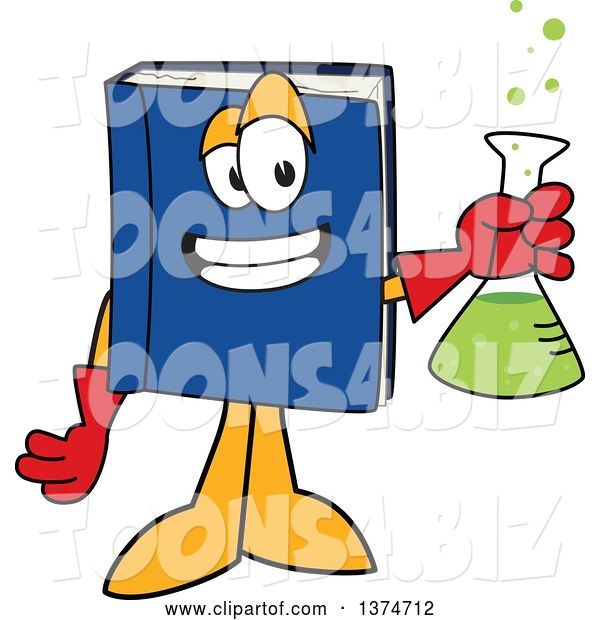 Vector Illustration of a Cartoon Blue Book Mascot Scientist Holding a Bubbly Flask