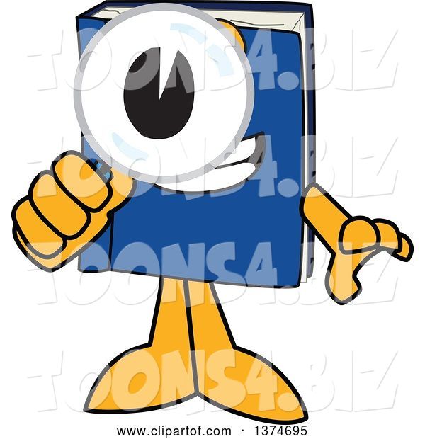 Vector Illustration of a Cartoon Blue Book Mascot Searching with a Magnifying Glass