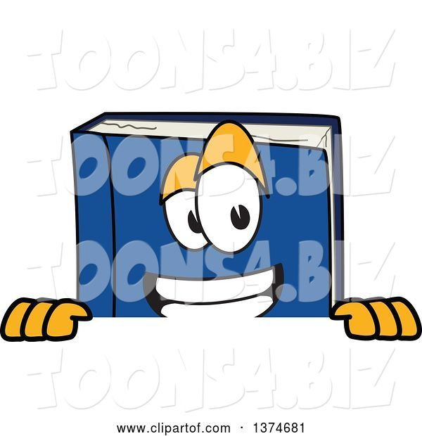Vector Illustration of a Cartoon Blue Book Mascot Smiling over a Sign