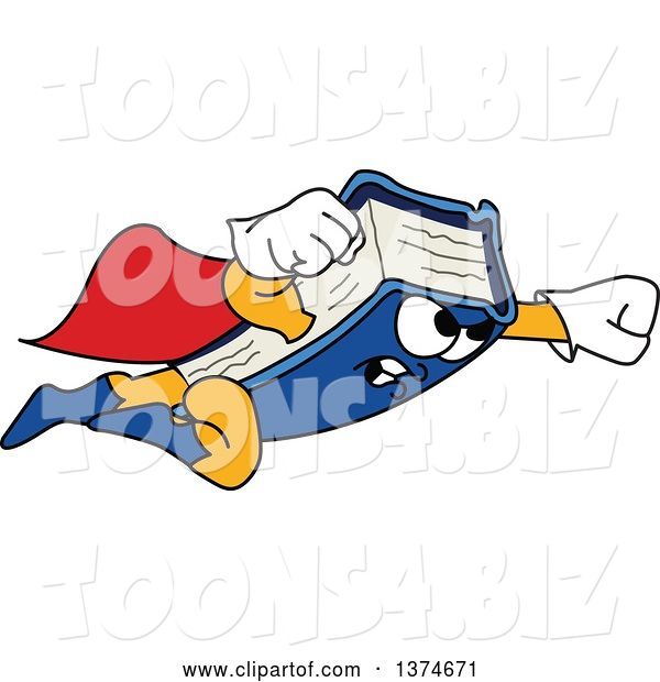 Vector Illustration of a Cartoon Blue Book Mascot Super Hero Flying