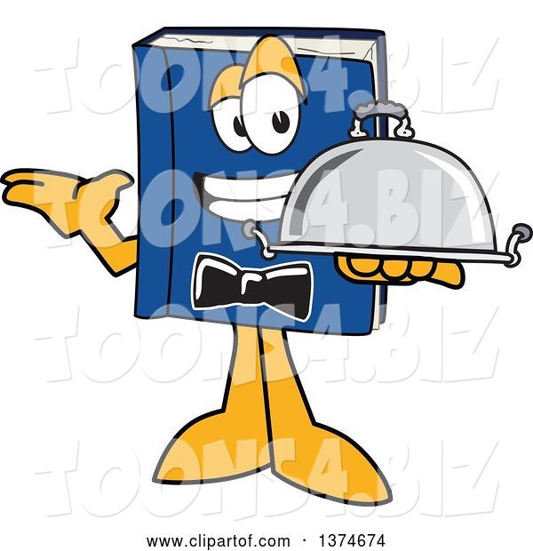 Vector Illustration of a Cartoon Blue Book Mascot Waiter Holding a Cloche Platter