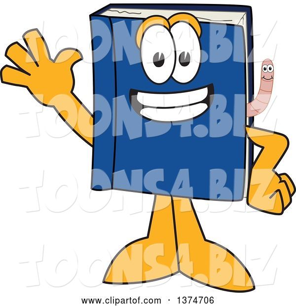 Vector Illustration of a Cartoon Blue Book Mascot Waving, with a Worm Emerging from the Pages
