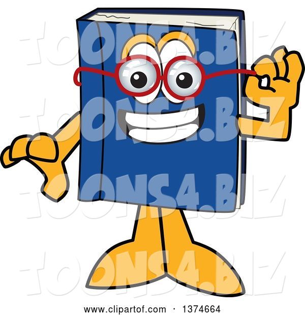 Vector Illustration of a Cartoon Blue Book Mascot Wearing Glasses