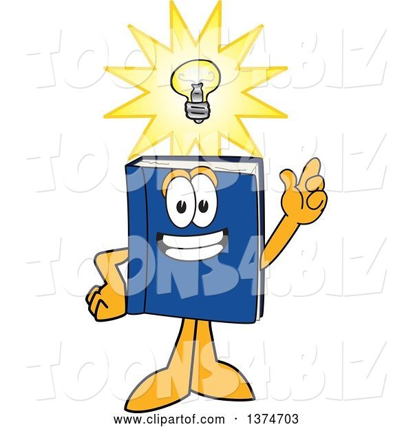 Vector Illustration of a Cartoon Blue Book Mascot with a Bright Idea