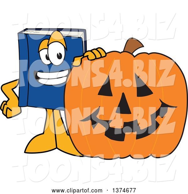 Vector Illustration of a Cartoon Blue Book Mascot with a Halloween Jackolantern Pumpkin
