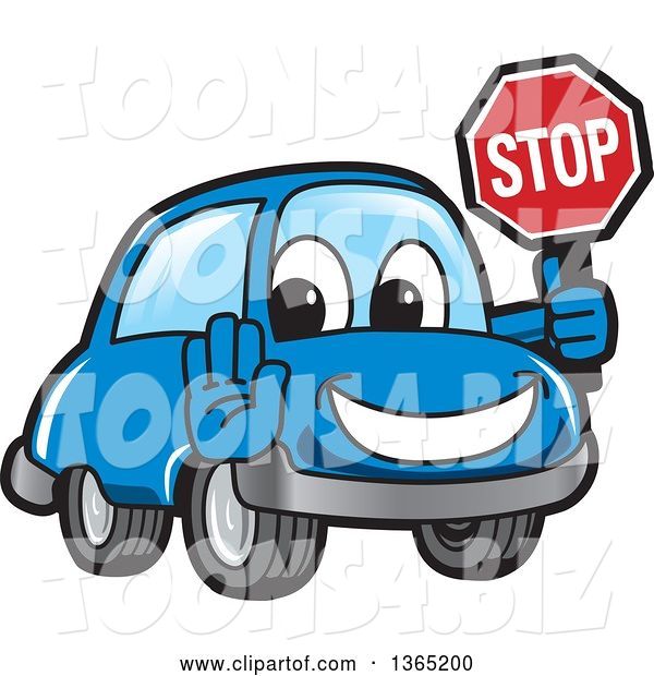 Vector Illustration of a Cartoon Blue Car Mascot Gesturing and Holding a Stop Sign