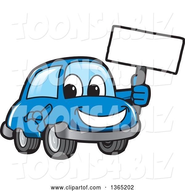 Vector Illustration of a Cartoon Blue Car Mascot Holding a Blank Sign