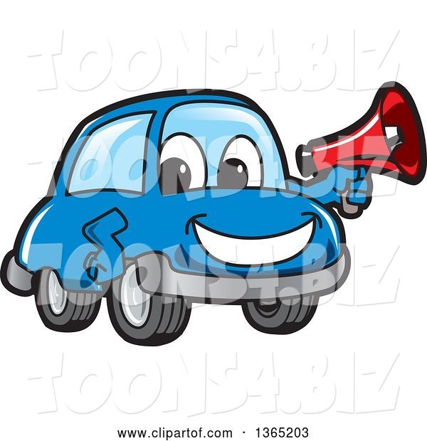 Vector Illustration of a Cartoon Blue Car Mascot Holding a Megaphone