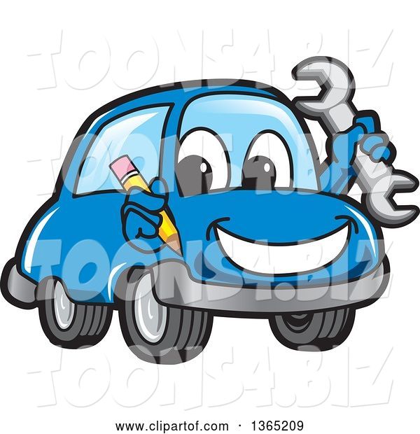 Vector Illustration of a Cartoon Blue Car Mascot Holding a Wrench and Pencil