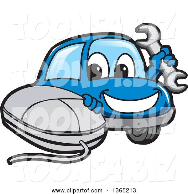 Vector Illustration of a Cartoon Blue Car Mascot Holding a Wrench by a Computer Mouse