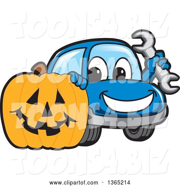 Vector Illustration of a Cartoon Blue Car Mascot Holding a Wrench by a Halloween Jackolantern Pumpkin