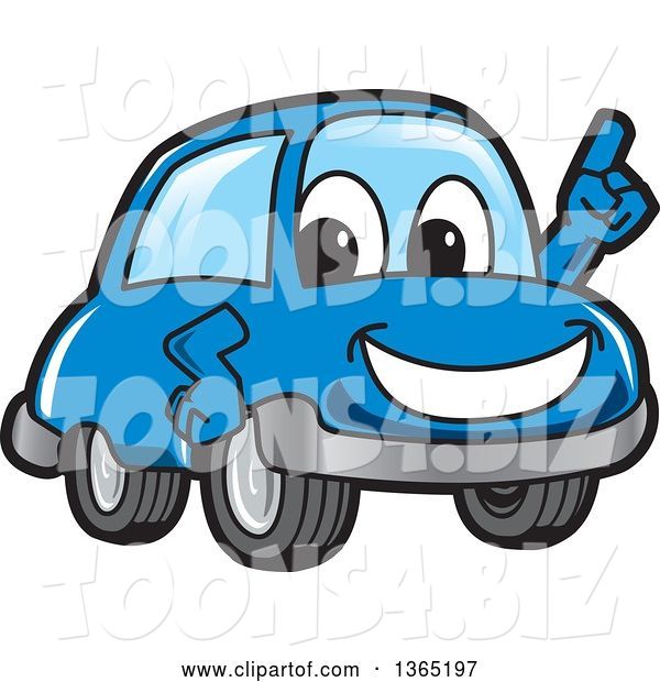 Vector Illustration of a Cartoon Blue Car Mascot Holding up a Finger