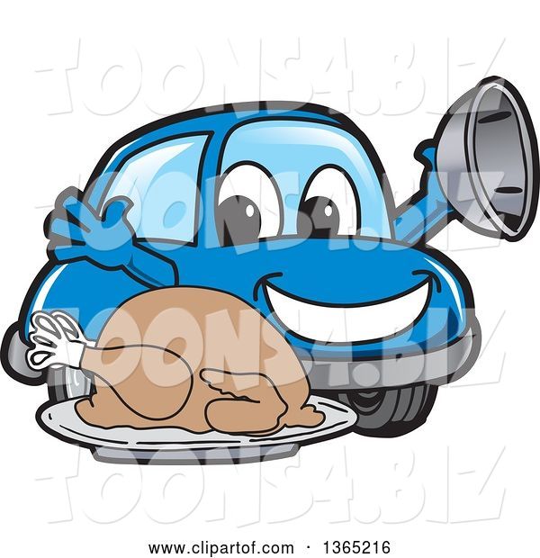Vector Illustration of a Cartoon Blue Car Mascot Serving a Roasted Thanksgiving Turkey
