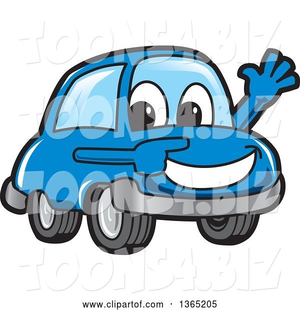 Vector Illustration of a Cartoon Blue Car Mascot Waving and Pointing