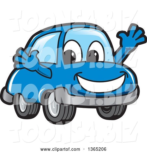 Vector Illustration of a Cartoon Blue Car Mascot Welcoming