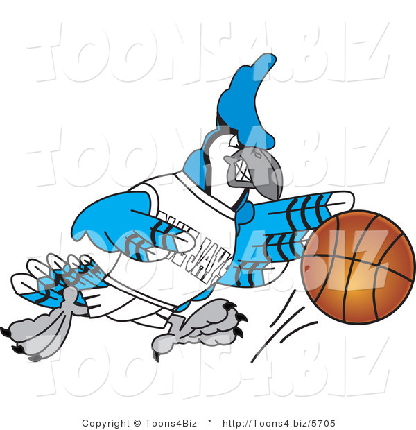 Vector Illustration of a Cartoon Blue Jay Mascot Dribbling a Basketball