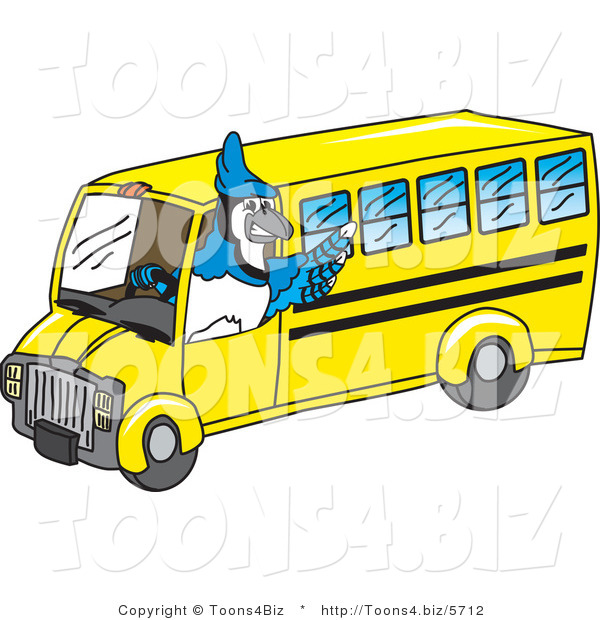 Vector Illustration of a Cartoon Blue Jay Mascot Driving a Bus