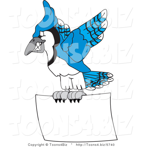 Vector Illustration of a Cartoon Blue Jay Mascot Flying with a Blank Sign