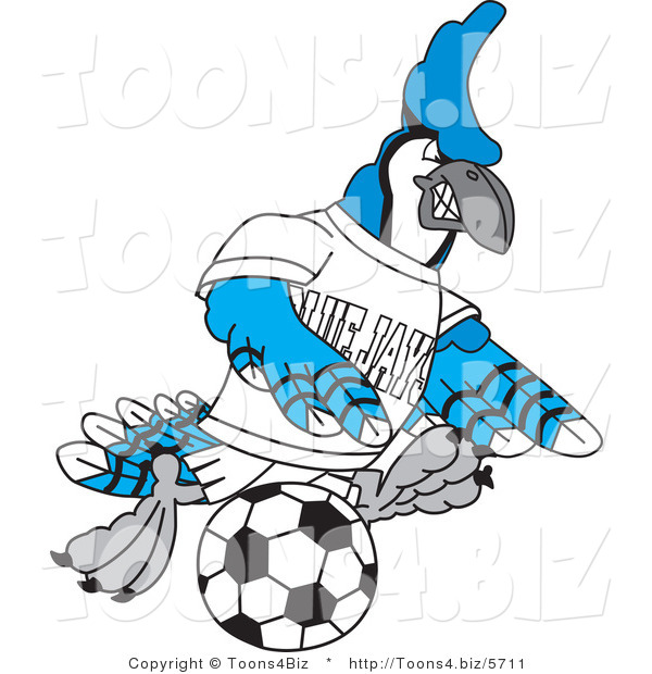 Vector Illustration of a Cartoon Blue Jay Mascot Kicking a Soccer Ball