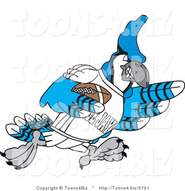 Vector Illustration of a Cartoon Blue Jay Mascot Playing American Football