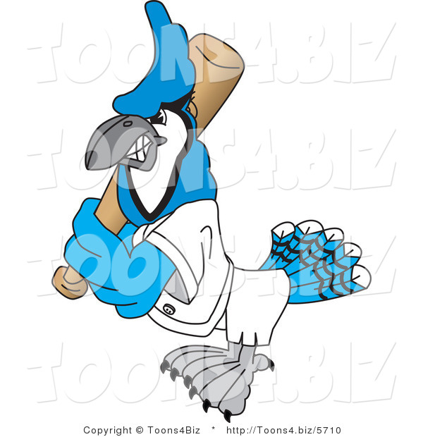Vector Illustration of a Cartoon Blue Jay Mascot Playing Baseball