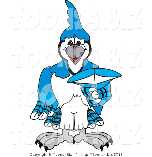 Vector Illustration of a Cartoon Blue Jay Mascot Pointing Outwards