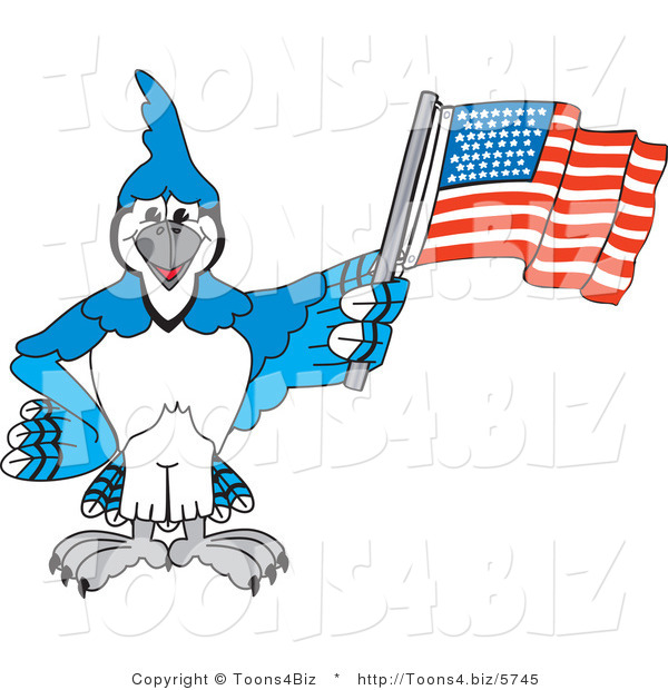 Vector Illustration of a Cartoon Blue Jay Mascot Waving an American Flag