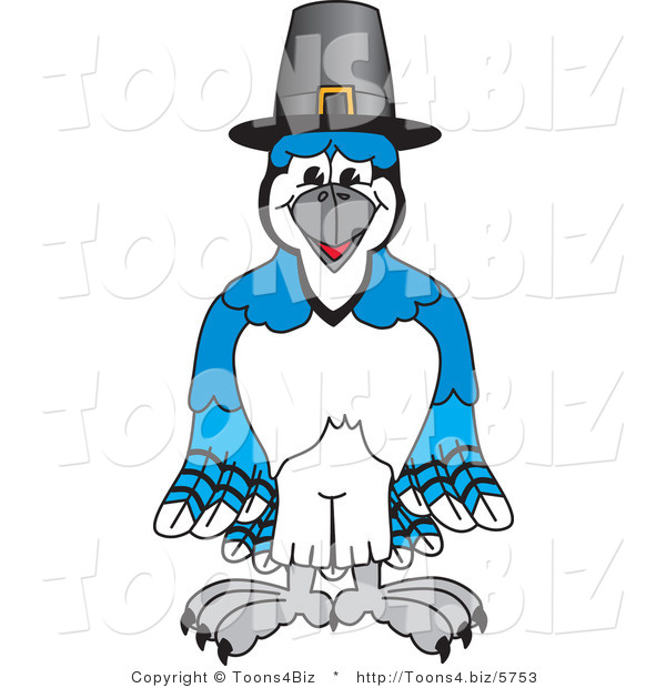 Vector Illustration of a Cartoon Blue Jay Mascot Wearing a Pilgrim Hat