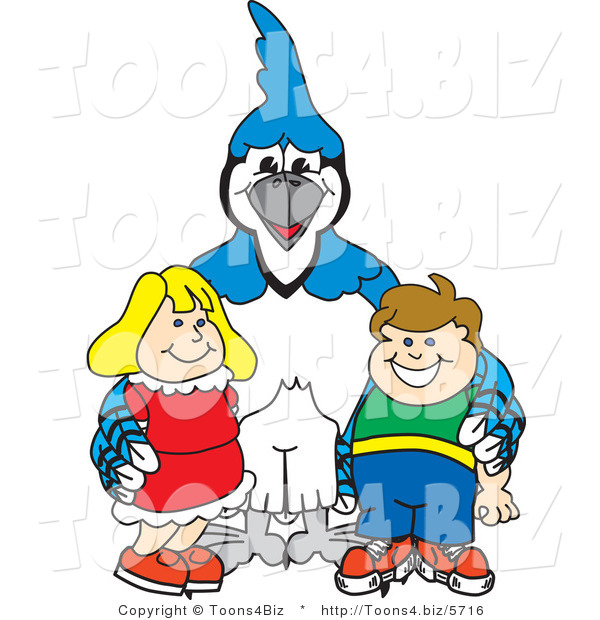 Vector Illustration of a Cartoon Blue Jay Mascot with Students
