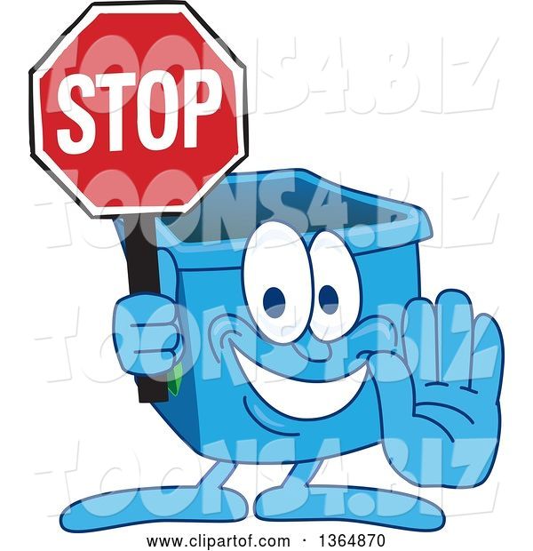 Vector Illustration of a Cartoon Blue Recycle Bin Mascot Gesturing and Holding a Stop Sign