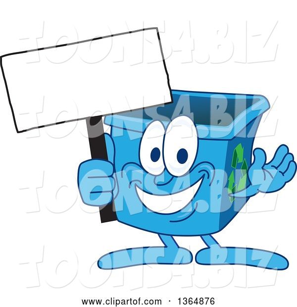 Vector Illustration of a Cartoon Blue Recycle Bin Mascot Holding a Blank Sign