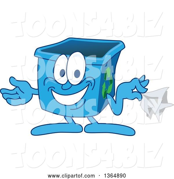 Vector Illustration of a Cartoon Blue Recycle Bin Mascot Holding a Napkin, Hankie, or Paper