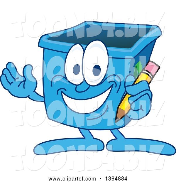 Vector Illustration of a Cartoon Blue Recycle Bin Mascot Holding a Pencil