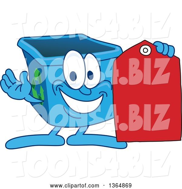 Vector Illustration of a Cartoon Blue Recycle Bin Mascot Holding a Sales Tag