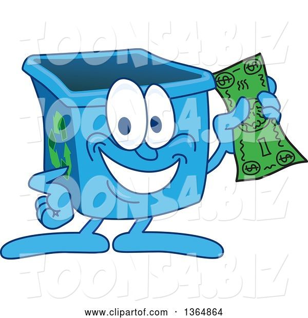 Vector Illustration of a Cartoon Blue Recycle Bin Mascot Holding Cash Money